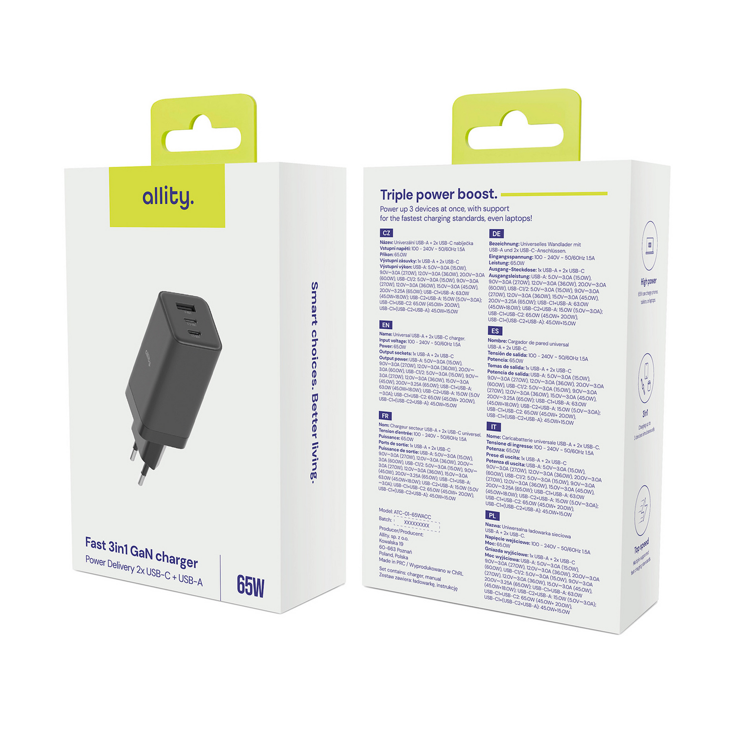 Allity-verkkolaturi. ATC-01-65WACC Fast, 65W, 3.25A, 1 x USB-A - 2 x USB-C, Musta
