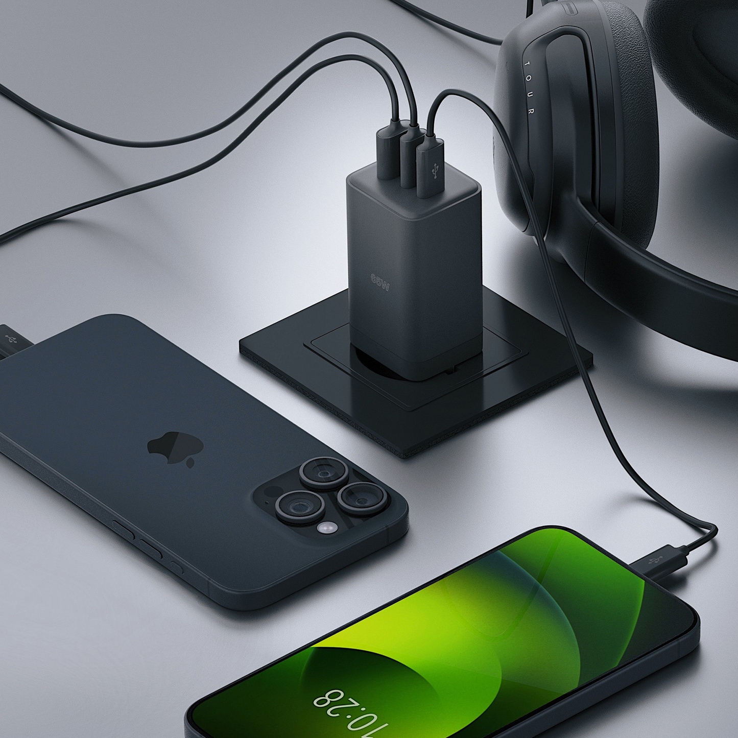 Allity-verkkolaturi. ATC-01-65WACC Fast, 65W, 3.25A, 1 x USB-A - 2 x USB-C, Musta