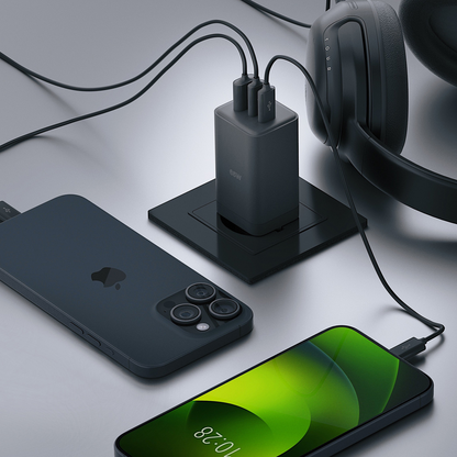 Allity-verkkolaturi. ATC-01-65WACC Fast, 65W, 3.25A, 1 x USB-A - 2 x USB-C, Musta