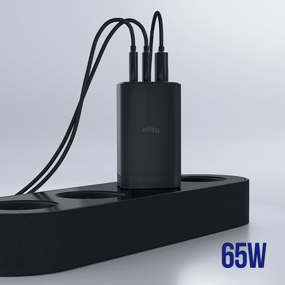 Allity-verkkolaturi. ATC-01-65WACC Fast, 65W, 3.25A, 1 x USB-A - 2 x USB-C, Musta