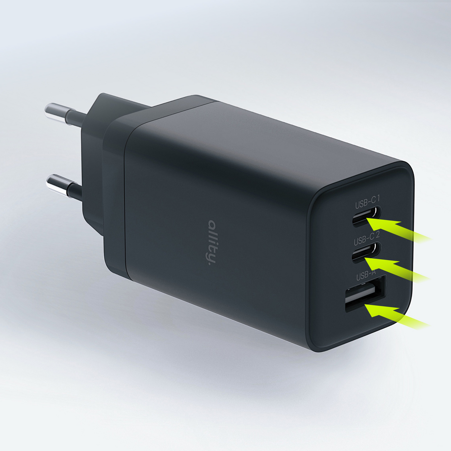 Allity-verkkolaturi. ATC-01-65WACC Fast, 65W, 3.25A, 1 x USB-A - 2 x USB-C, Musta