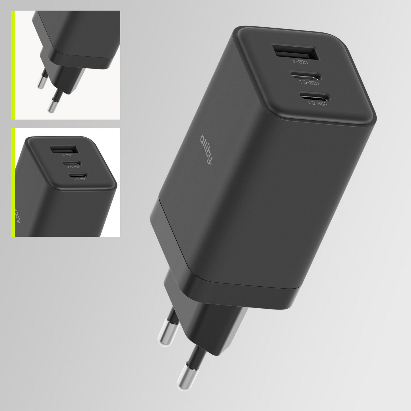 Allity-verkkolaturi. ATC-01-65WACC Fast, 65W, 3.25A, 1 x USB-A - 2 x USB-C, Musta