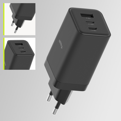 Allity-verkkolaturi. ATC-01-65WACC Fast, 65W, 3.25A, 1 x USB-A - 2 x USB-C, Musta