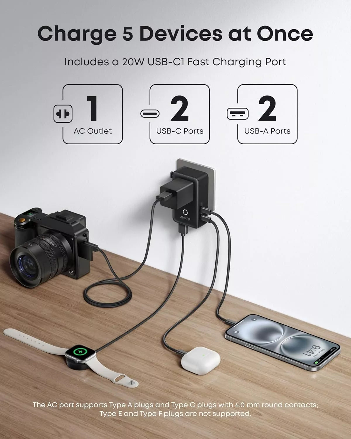 Anker Nano Travel Network Charger, 20W, 3A, 2 x USB-A - 2 x USB-C, Black A9215H11