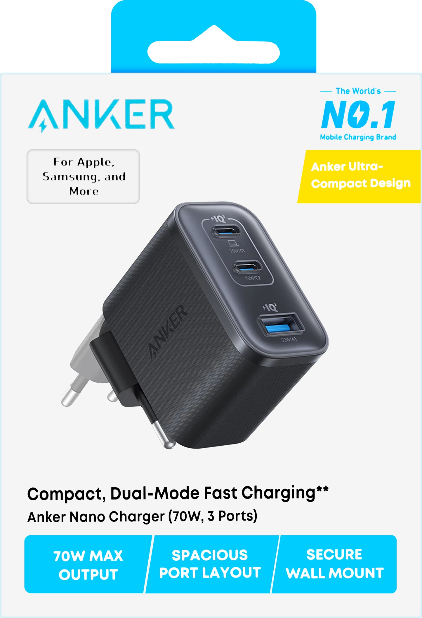 Anker Nano -verkkolaturi, 70W, 3.5A, 1 x USB-A - 2 x USB-C, Musta A121AL11