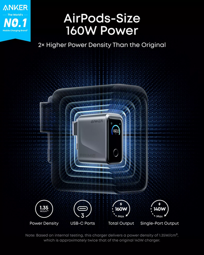Anker Prime -verkkolaturi, 160W, 5.36A, 3 x USB-C, Harmaa A2687341