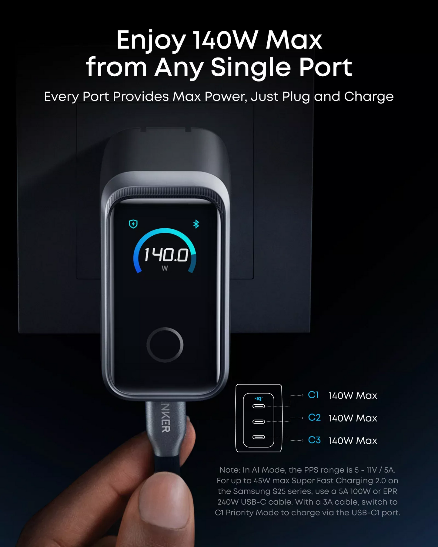 Anker Prime -verkkolaturi, 160W, 5.36A, 3 x USB-C, Harmaa A2687341