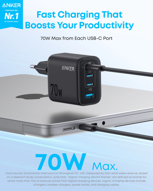 Anker Zolo verkkolaturi, 70W, 1 x USB-A - 3 x USB-C, Musta A121CG11