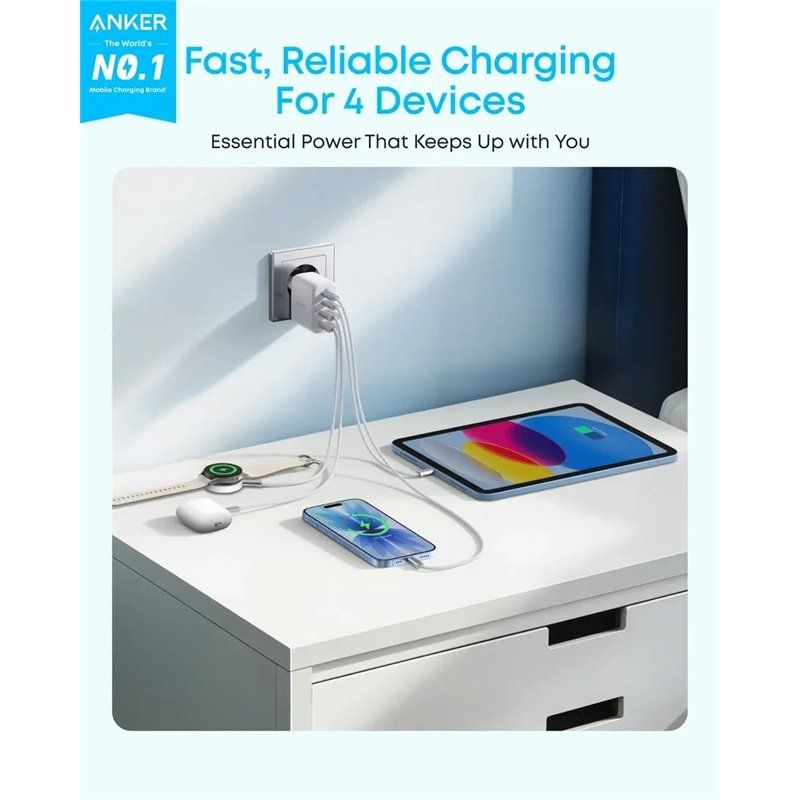 Anker Zolo verkkolaturi, 50W, 3A, 2 x USB-A - 2 x USB-C, Valkoinen A121EG21