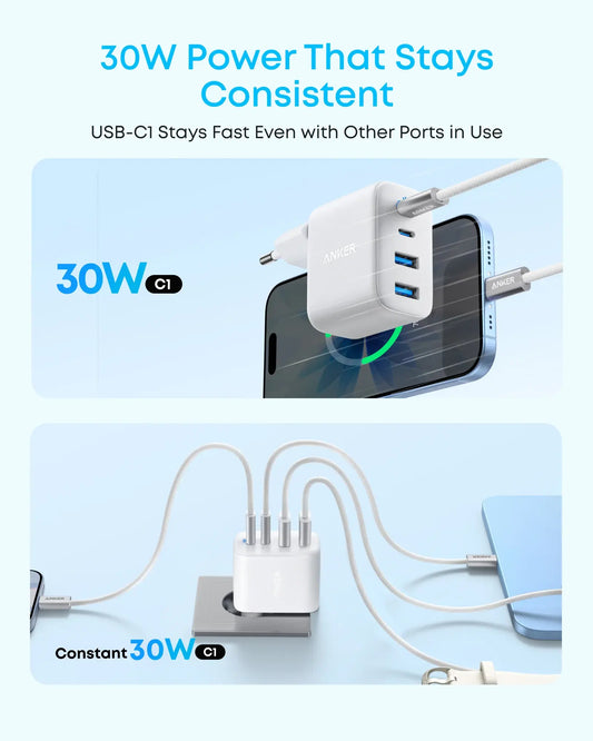 Anker Zolo verkkolaturi, 50W, 3A, 2 x USB-A - 2 x USB-C, Valkoinen