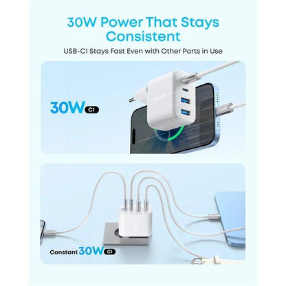 Anker Zolo verkkolaturi, 50W, 3A, 2 x USB-A - 2 x USB-C, Valkoinen A121EG21