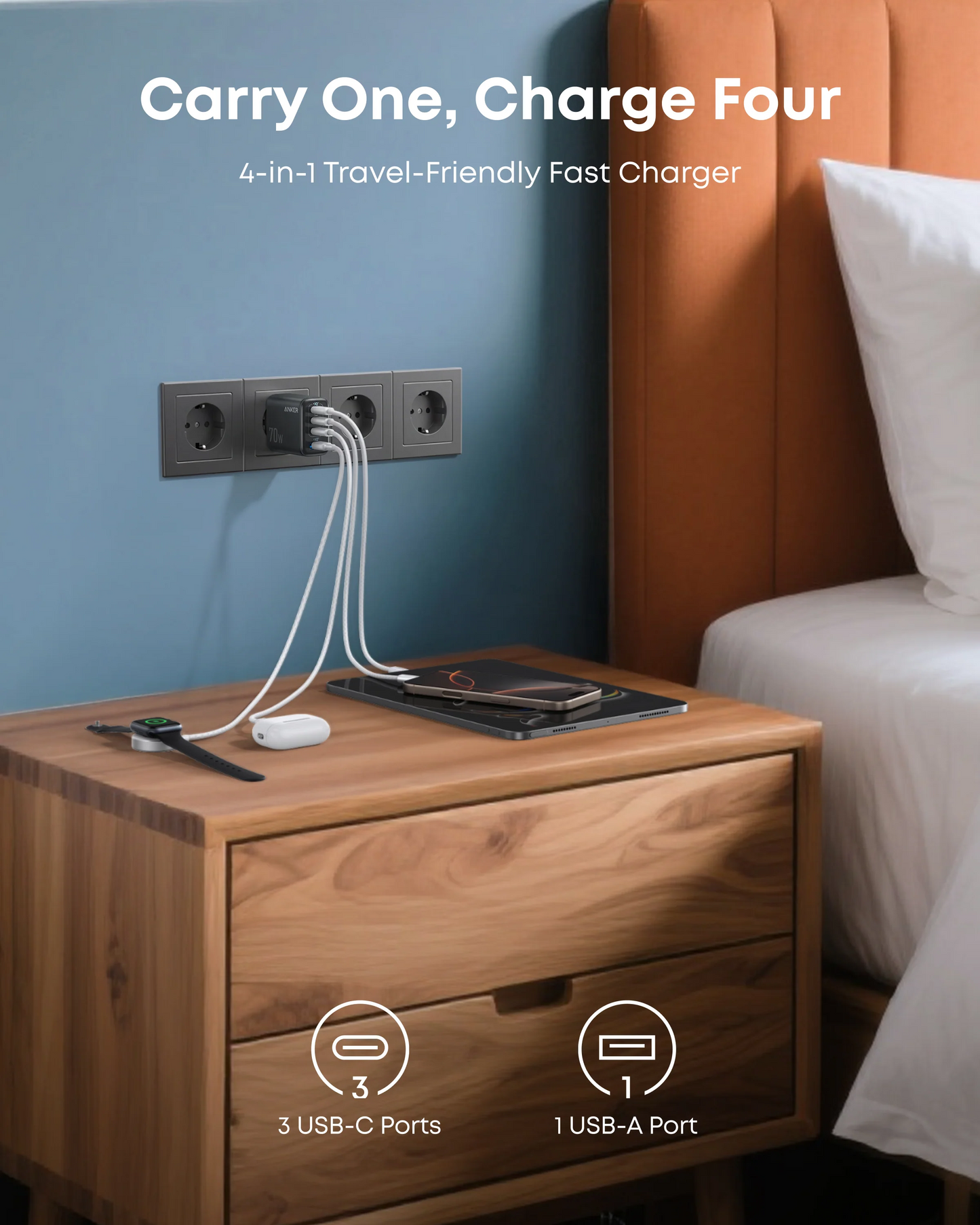 Anker Zolo verkkolaturi, 70W, 1 x USB-A - 3 x USB-C, Musta A121CG11