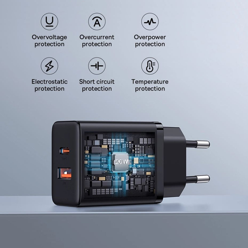 Baseus Cube -verkkolaturi, 20W, 3A, 1 x USB-A - 1 x USB-C, Musta P10111403113-00