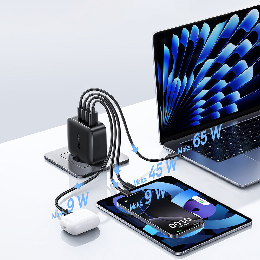 Baseus EnerFill FH11 -verkkolaturi, 140W, 5A, 1 x USB-A - 3 x USB-C, Musta E0121J00