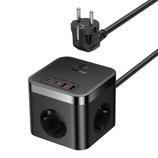 Baseus PowerCombo Cube, 30W, 3A, 2 x USB-A - 2 x USB-C - 3 x Schuko, musta E00066400117-00