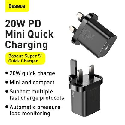 Baseus Super Si UK -verkkolaturi, 20W, 3A, 1 x USB-C, Musta CCSUP-K01