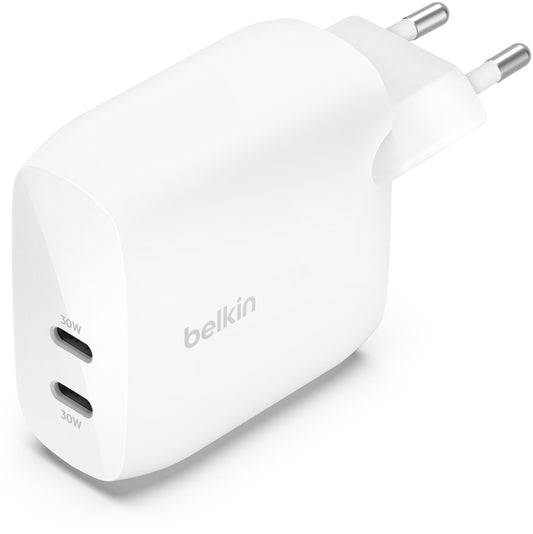 Belkin BoostCharge Pro Dual verkkolaturi, 60W, 3A, 2 x USB-C, Valkoinen WCB010vfWH