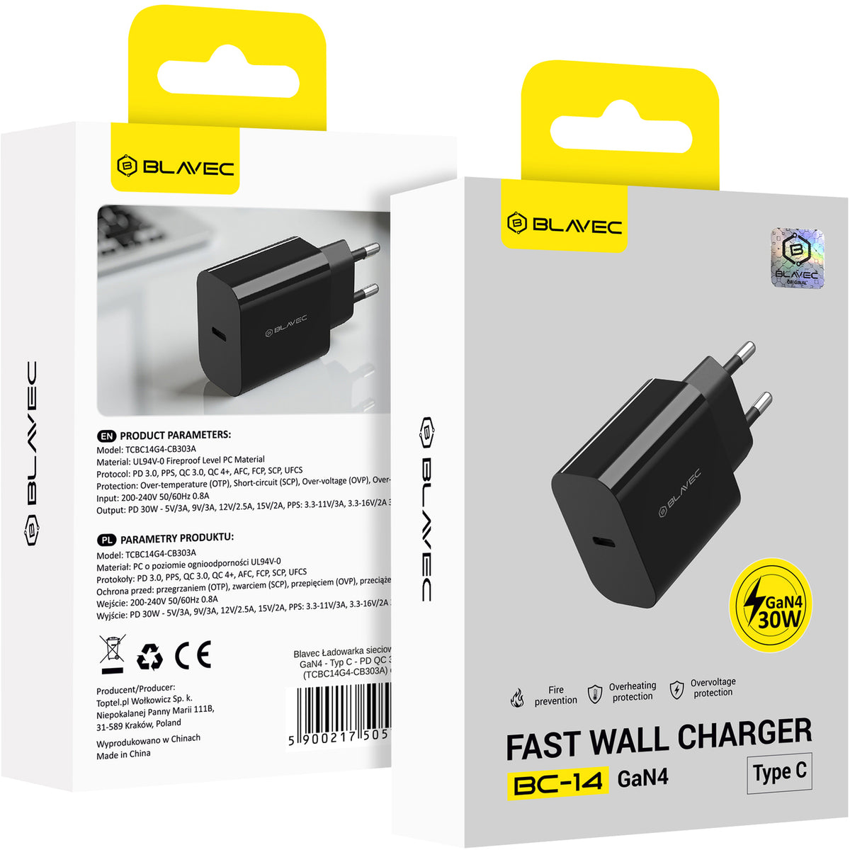 Blavec BC-14 -verkkovirtalaturi, 30 W, 3 A, 1 x USB-C, musta
