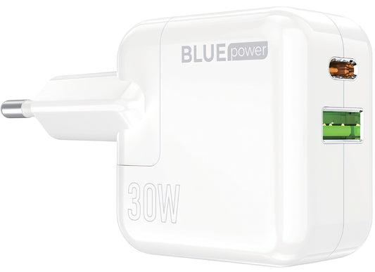 Verkkolaturi BLUE Power BC111A, 30W, 3A, 1 x USB-A - 1 x USB-C, Valkoinen