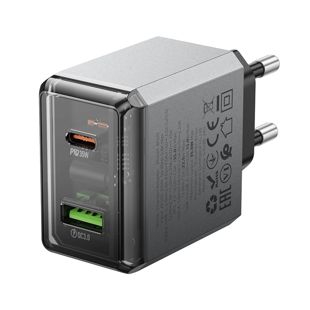 Verkkolaturi Borofone BN20 Lena, 35W, 3A, 1 x USB-A - 1 x USB-C, Harmaa