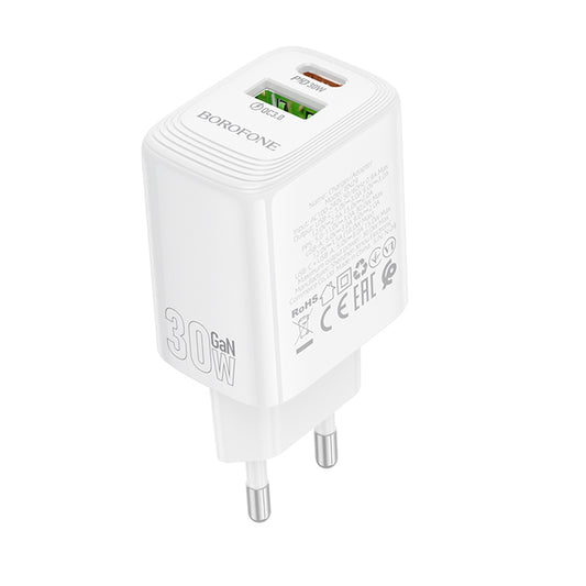 Borofone BN29 Fuente Network Charger, 30W, 3A, 1 x USB-A - 1 x USB-C, White