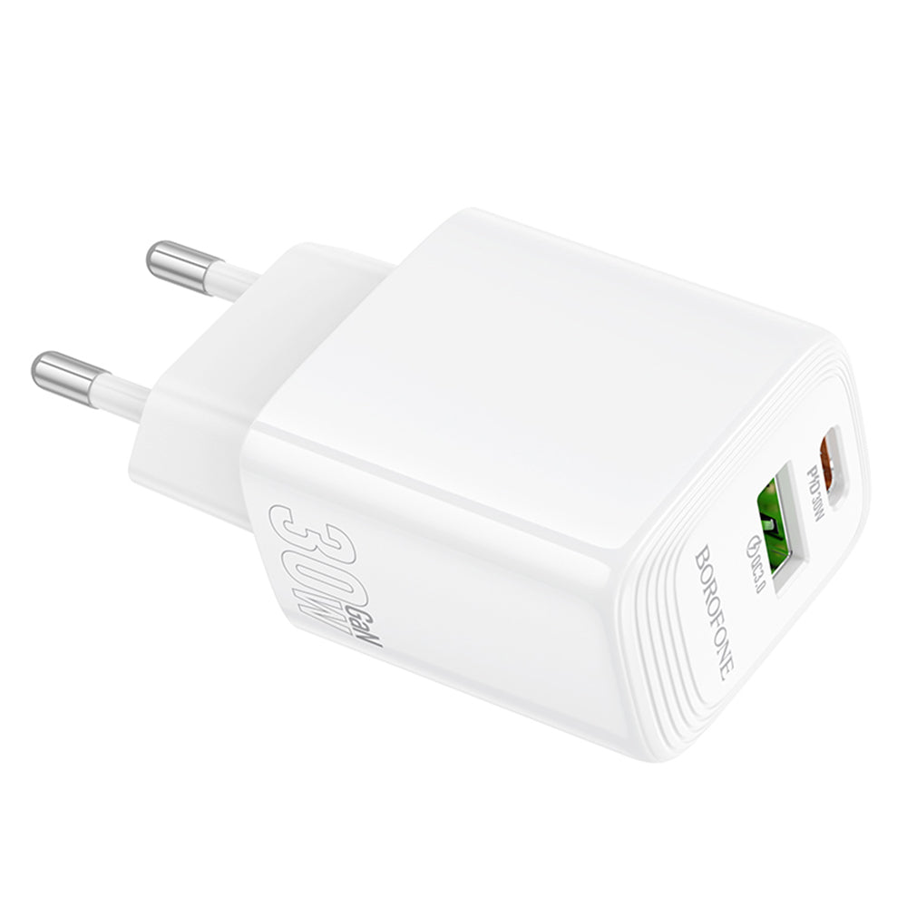 Borofone BN29 Fuente -verkkolaturi, 30W, 3A, 1 x USB-A - 1 x USB-C, Valkoinen