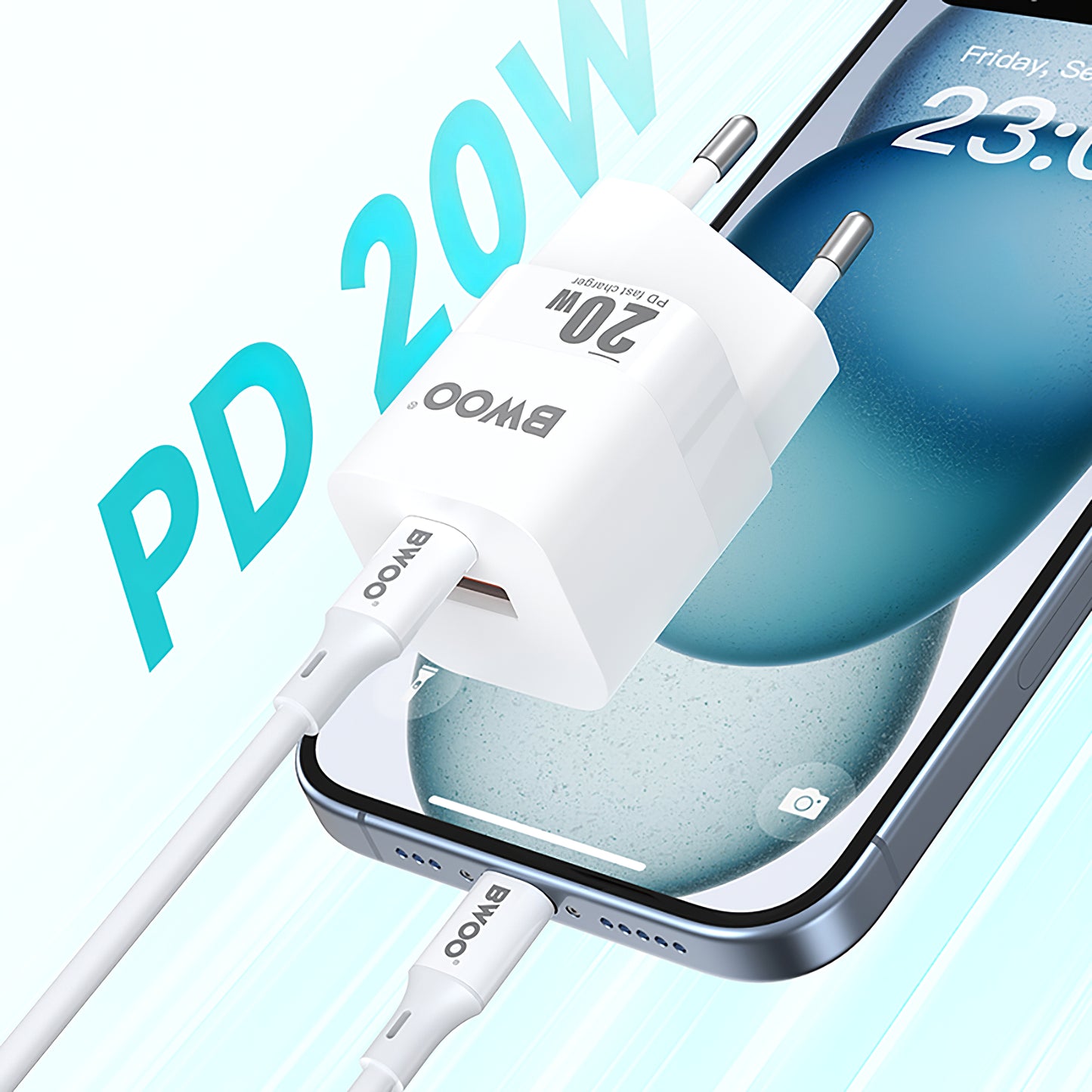 Verkkolaturi BWOO BO-CDA156, 20W, 3A, 1 x USB-A - 1 x USB-C, valkoinen 