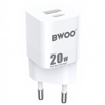 Verkkolaturi BWOO BO-CDA156, 20W, 3A, 1 x USB-A - 1 x USB-C, valkoinen 