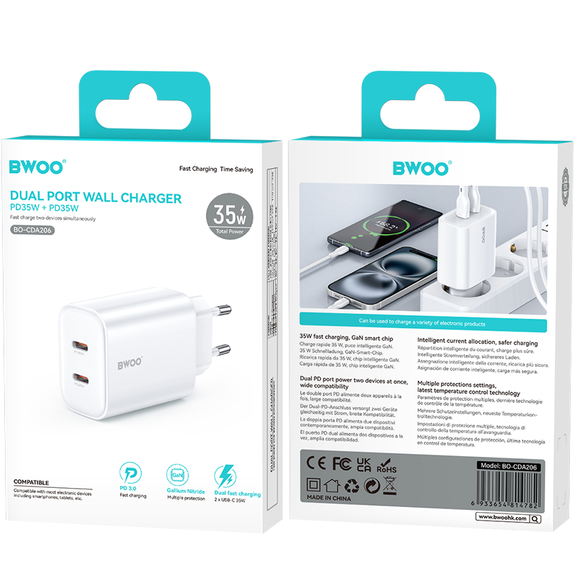 BWOO CDA206 Network Charger, 35W, 3A, 2 x USB-C, White