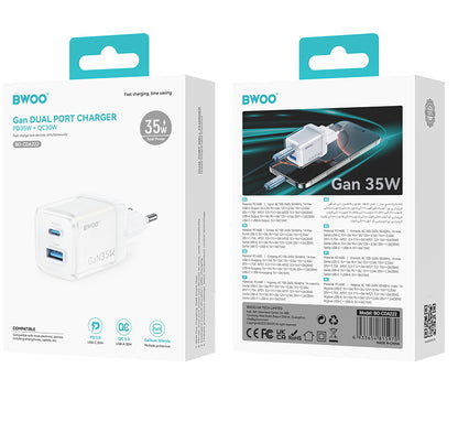 BWOO CDA222 Network Charger, 35W, 3A, 1 x USB-A - 1 x USB-C, White