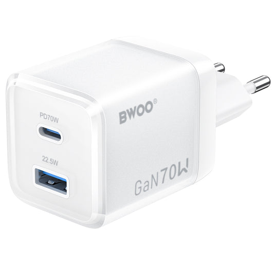 BWOO CDA224 Verkkolaturi, 70W, 3.25A, 1 x USB-A - 1 x USB-C, Valkoinen