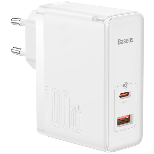 Baseus GaN5 Pro USB-C -verkkolaturi kaapelilla, 100W, 3A, 1 x USB-A - 1 x USB-C, Valkoinen CCGP090202