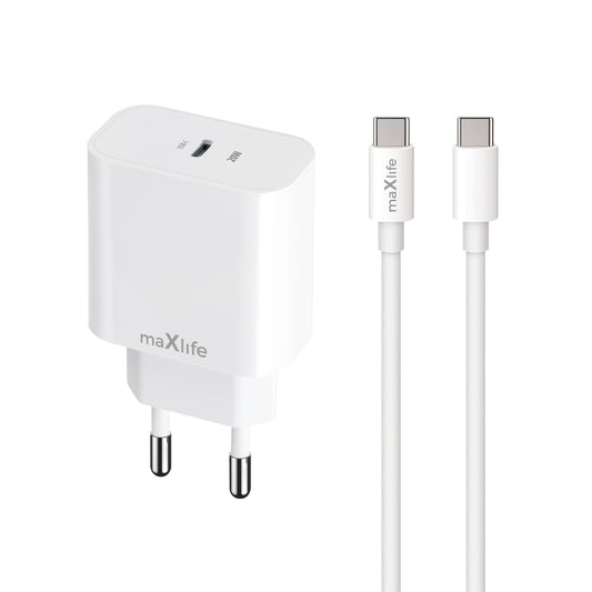 Verkkolaturi USB-C-kaapelilla MaXlife MXTC-06-20C, 20W, 3A, 1 x USB-C, Valkoinen