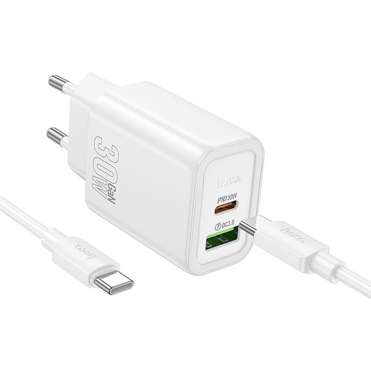 Network Charger with USB-C Cable HOCO N63, 30W, 3A, 1 x USB-A - 1 x USB-C, White