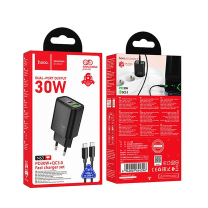 Verkkolaturi USB-C-kaapelilla HOCO N63, 30W, 3A, 1 x USB-A - 1 x USB-C, Musta