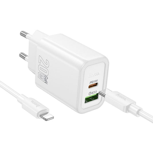 Verkkolaturi Lightning-kaapelilla HOCO N61, 20W, 3A, 1 x USB-A - 1 x USB-C, Valkoinen