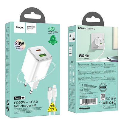 Verkkolaturi Lightning-kaapelilla HOCO N41, 20W, 3A, 1 x USB-A - 1 x USB-C, Valkoinen