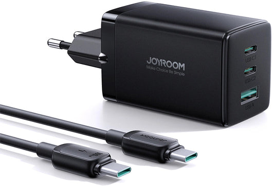 Verkkolaturi USB-C-kaapelilla Joyroom TCG01, 65W, 3.25A, 1 x USB-A - 2 x USB-C, Musta