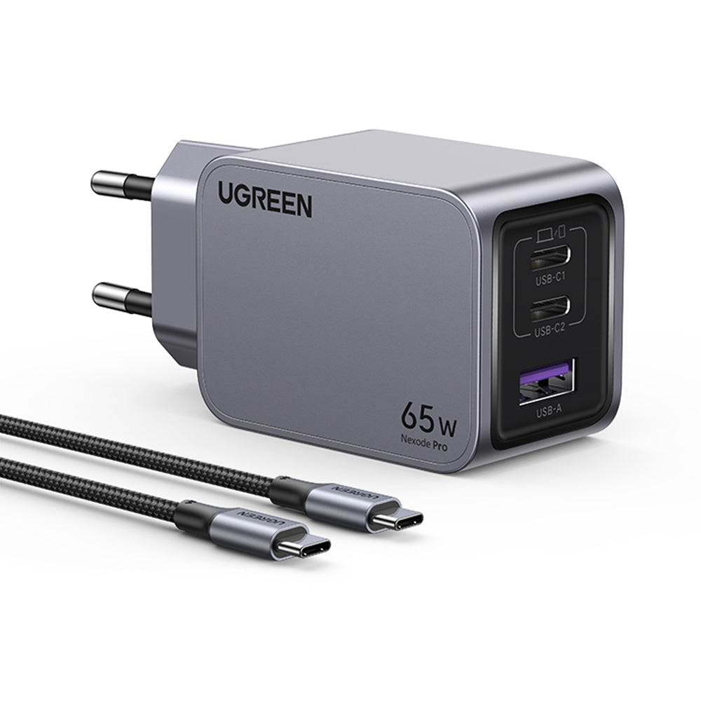 UGREEN X755 Nexode Pro USB-C-verkkolaturi kaapelilla, 65W, 3A, 1 x USB-A - 2 x USB-C, Harmaa