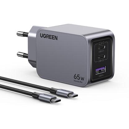 UGREEN X755 Nexode Pro USB-C-verkkolaturi kaapelilla, 65W, 3A, 1 x USB-A - 2 x USB-C, Harmaa