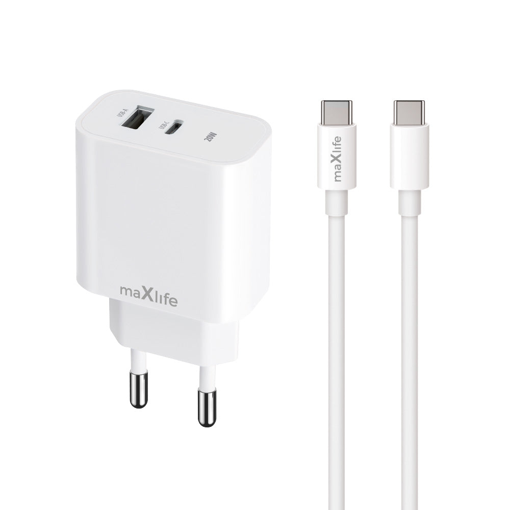 Verkkolaturi USB-C-kaapelilla MaXlife MXTC-06-20AC, 20W, 3A, 1 x USB-A - 1 x USB-C, Valkoinen