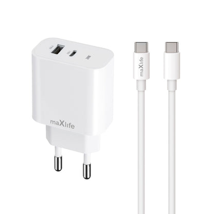 Verkkolaturi USB-C-kaapelilla MaXlife MXTC-06-20AC, 20W, 3A, 1 x USB-A - 1 x USB-C, Valkoinen
