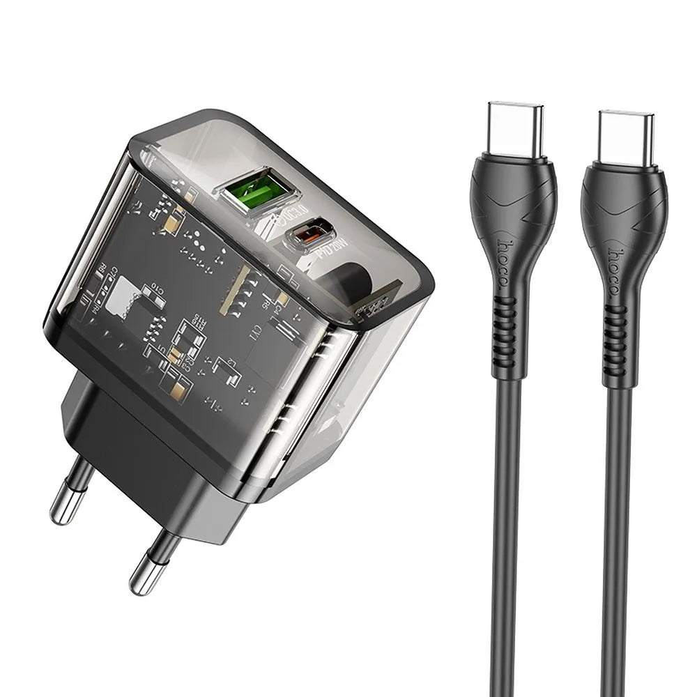 Verkkolaturi USB-C-kaapelilla HOCO N34, 20W, 3A, 1 x USB-A - 1 x USB-C, Läpinäkyvä