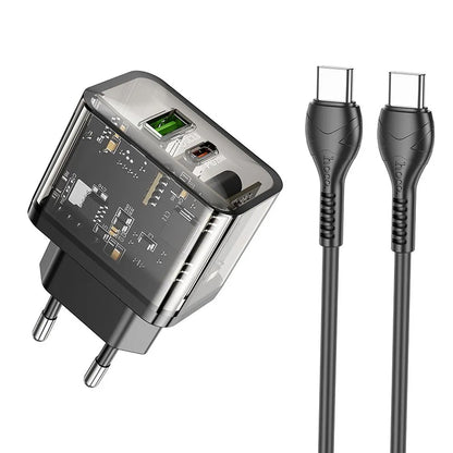 Verkkolaturi USB-C-kaapelilla HOCO N34, 20W, 3A, 1 x USB-A - 1 x USB-C, Läpinäkyvä