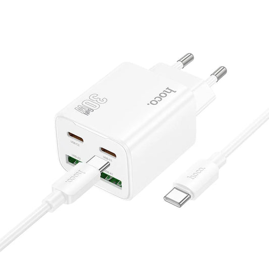 Verkkolaturi USB-C-kaapelilla HOCO N56, 30W, 3A, 2 x USB-A - 2 x USB-C, Valkoinen