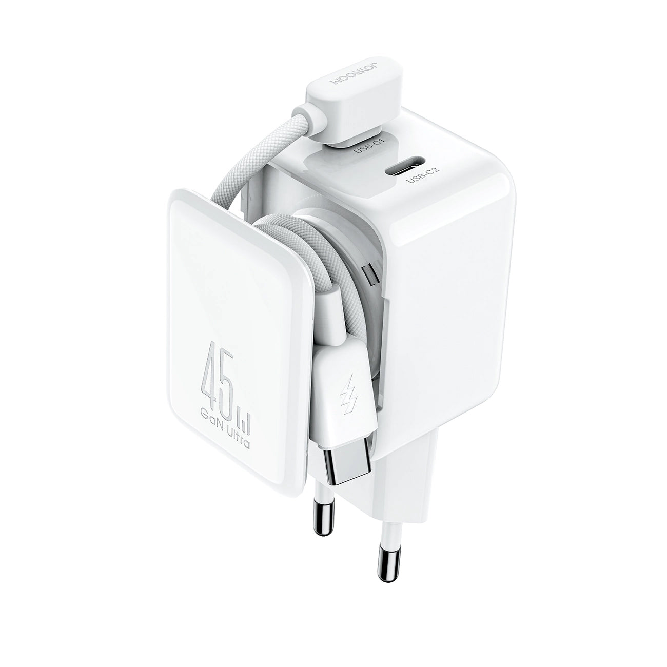 Verkkolaturi USB-C-kaapelilla Joyroom JR-TCL05, 45W, 3A, 2 x USB-C, Valkoinen