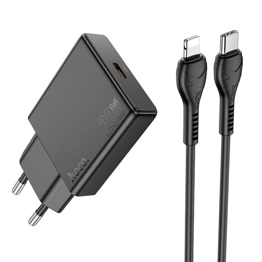 Verkkolaturi Lightning-kaapelilla HOCO N37, 30W, 3A, 1 x USB-C, Musta