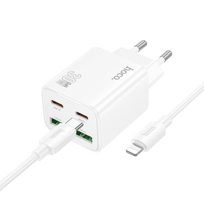 Verkkolaturi Lightning-kaapelilla HOCO N56, 30W, 3A, 2 x USB-A - 2 x USB-C, Valkoinen