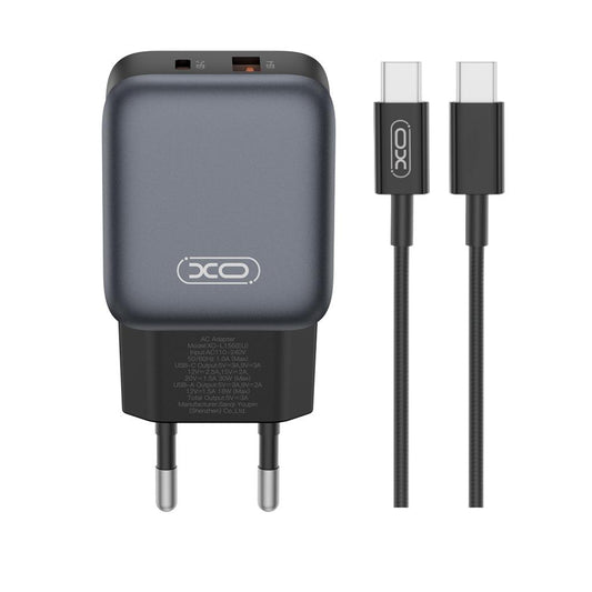 Verkkolaturi USB-C-kaapelilla XO Design L156, 30W, 3A, 1 x USB-A - 1 x USB-C, Musta