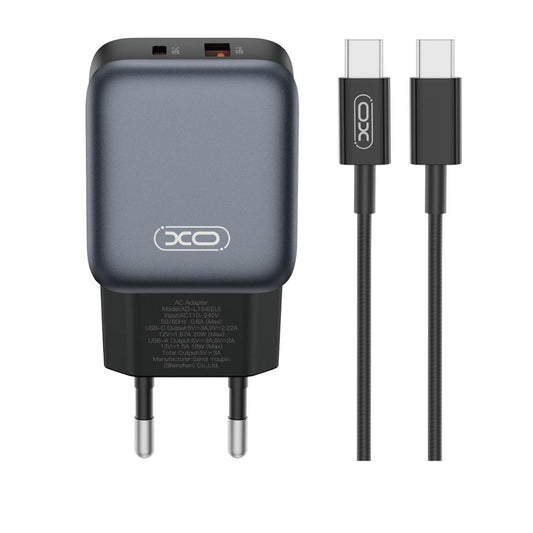 Verkkolaturi USB-C-kaapelilla XO Design L154, 20W, 3A, 1 x USB-A - 1 x USB-C, Musta